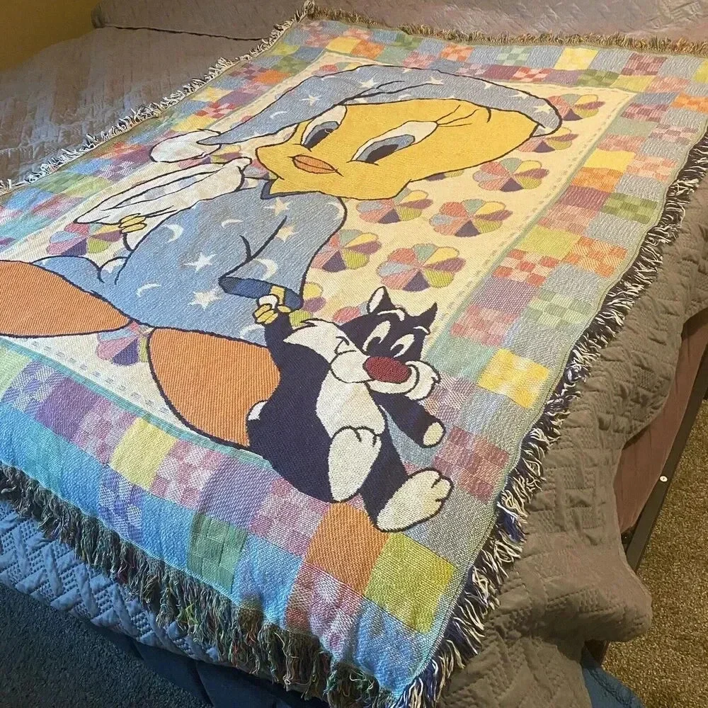 VTG 90s Baby Toddler Looney Tunes Cotton Blanket Sylvester Tweety Bird Blue Cozy